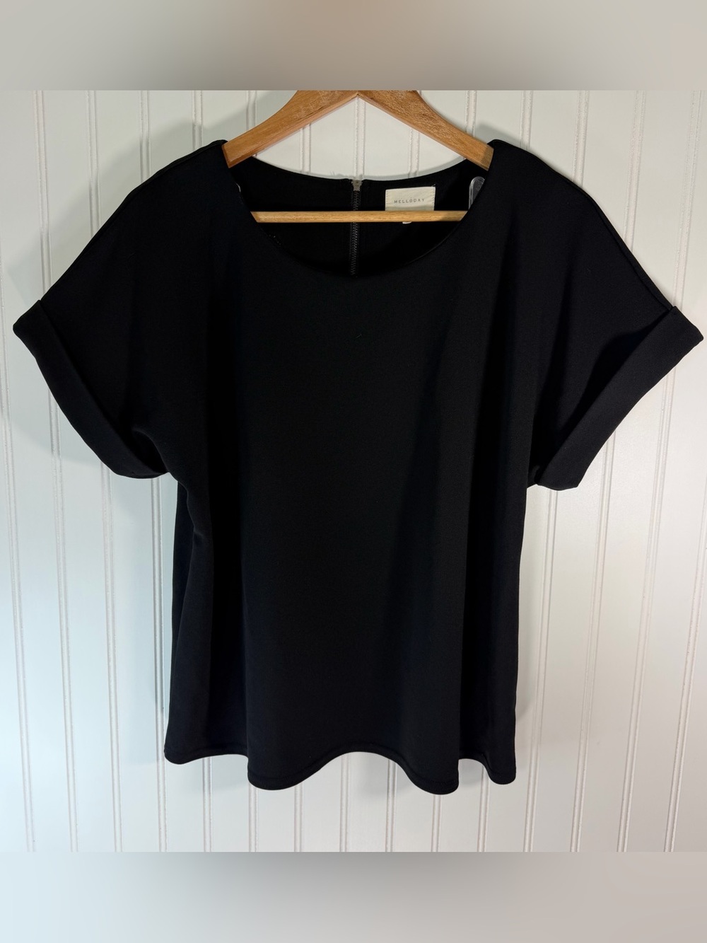 Melloday Zip Back Cuff Sleeve Black Top in Large